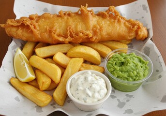 Crispy battered fish and chips with mushy peas, tartar sauce, and lemon slice, a classic seafood meal experience