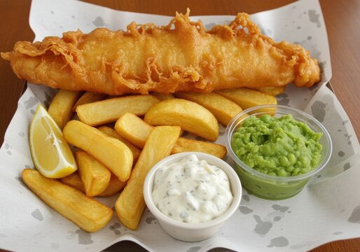 Crispy battered fish and chips with mushy peas, tartar sauce, and lemon slice, a classic seafood meal experience