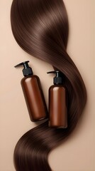 Fototapeta premium Stylish composition featuring two brown cosmetic bottles placed beside long, smooth brunette hair on a beige background.