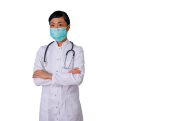 Asian female doctor wearing face mask and stethoscope, standing with folded arms for health and medical safety concepts