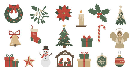 Fototapeta premium A diverse collection of traditional Christmas and winter holiday symbols. Includes vector illustrations of a nativity, tree, and gifts