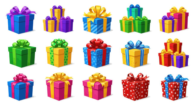 Vibrant assortment of beautifully wrapped gift boxes, adorned with colorful ribbons and bows, perfect for celebrating events and spreading joy