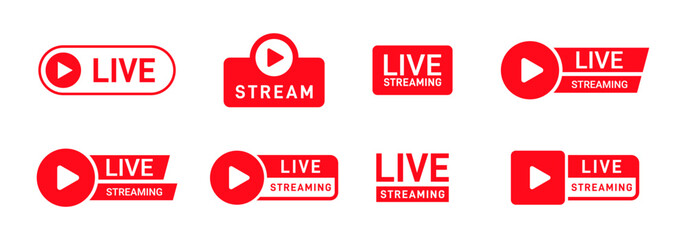 Live streaming icons, red play buttons, flat vector illustration