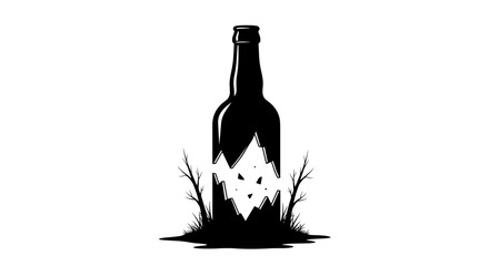 Broken bottle surrounded by grass and plants in silhouette style  