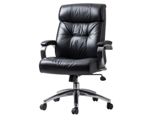 High back executive office chair with padded armrests and chrome base isolated on transparent background