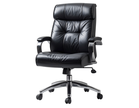 High back executive office chair with padded armrests and chrome base isolated on transparent background