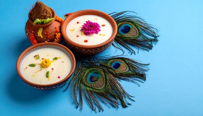 Two bowls of creamy food adorned with flowers, a decorated pot and peacock feathers on a blue backdrop