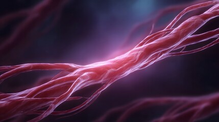 Abstract close up of glowing red biological fibers in a dark blurred setting