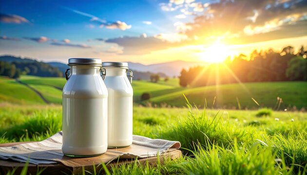 Two bottles of fresh milk sit on a table in a grassy field, illuminated by a bright sun and rolling hills