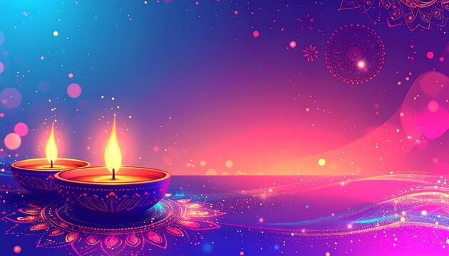 Two lit diyas with mandala patterns, set on a vibrant, colorful background of pink, blue and orange hues