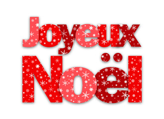 JOYEUX NOEL (HAPPY CHRISTMAS in French) red typography banner with snowflakes on transparent background