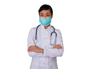Asian female doctor wearing face mask and lab coat, arms crossed, standing confident on transparent background