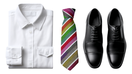 Elegant Men's Outfit Featuring White Shirt, Colorful Tie, and Classic Black Shoes