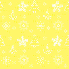 Seamless Christmas pattern with festive trees snowflakes and winter holiday decorations. decorations, balls, snowflakes. Xmas wallpapers, design for printing, Gift wrapping paper, Wreath, card.