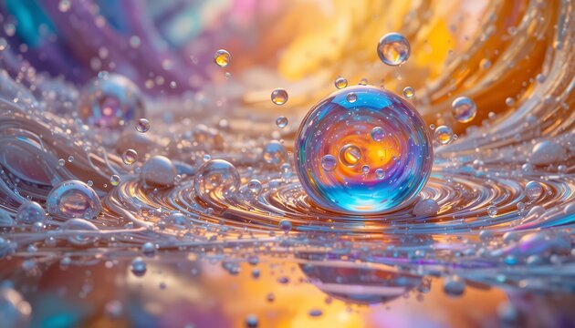 Macro view of vibrant colorful liquid droplets reflecting light in artistic abstract patterns
