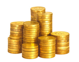 Multiple stacks of shiny gold coins piled high representing wealth and financial success isolated on transparent background