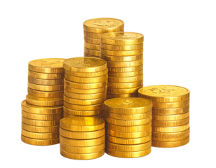 Multiple stacks of shiny gold coins piled high representing wealth and financial success isolated on transparent background