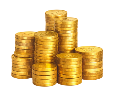 Multiple stacks of shiny gold coins piled high representing wealth and financial success isolated on transparent background