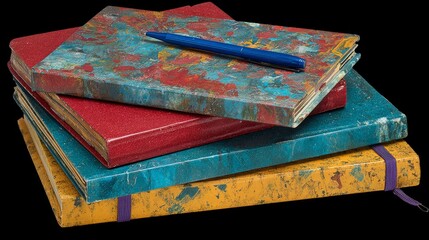 Stack of antique brown and red books with an aged paper cover, isolated on a white background for literature study and history education