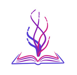 An abstract illustration of an open book with bright magical lights emerging from its pages in a purple, blue, and pink color combination, representing the power of knowledge and education