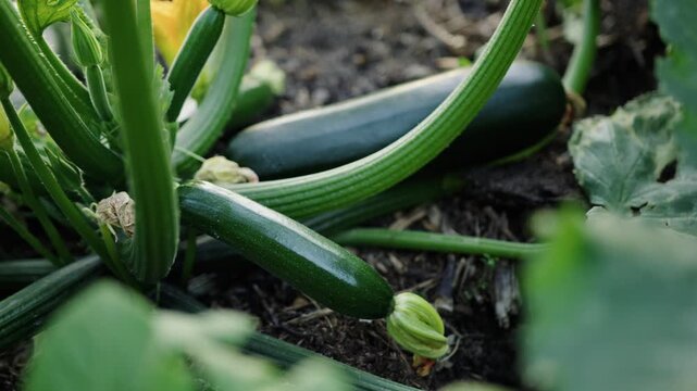 Watch zucchini plants grow in a vibrant courgette plantation during summer