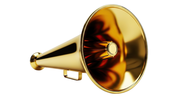 Golden megaphone symbol of announcement and communication against a black background with realistic reflections and highlights