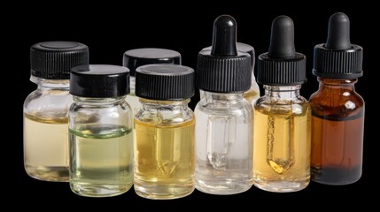 Brown glass bottles, vials, and containers of liquid medicine and oil are isolated on a white surface for pharmacy and laboratory health use