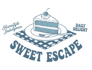 Classic, vintage-style dessert logo featuring a slice of cherry-topped layer cake on a checkered floor. Sweet Indulgence. Deliciously Crafted.