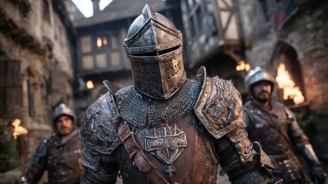 Medieval knight in full armor stands in a cobblestone street, two others with torches behind