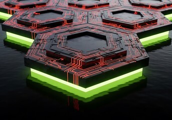 Cybernetic hexagons floating on a dark surface illuminated by green light