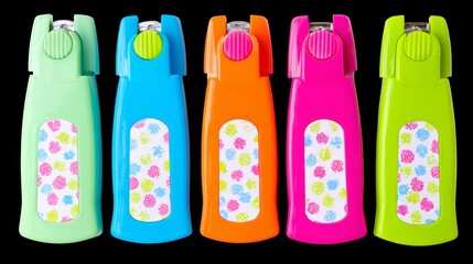 Colorful flip-flops and a set of plastic clothes pegs are isolated on a white background