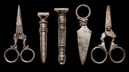 Antique silver metal keys and vintage isolated steel scissors tool set on white