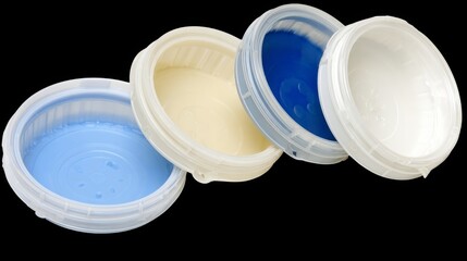 A stack of bright blue and black plastic containers and a blue plastic bottle are isolated on a white background