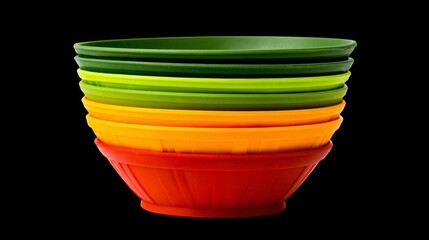 A clean stack of colorful empty plastic bowls and ceramic dishes isolated on white