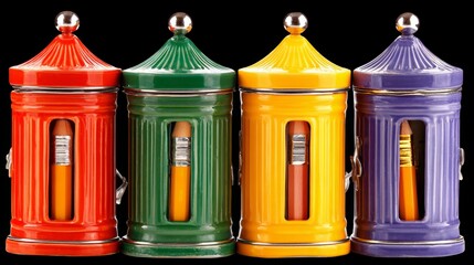 Colorful paint cans and a set of colored markers are isolated on white, near a vintage metal birdcage object