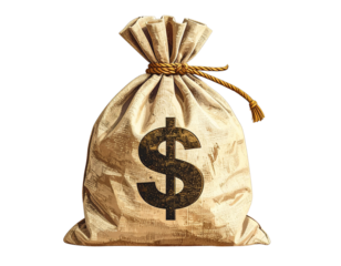 A textured burlap money bag with a large dollar sign symbol tied shut with a rope isolated on transparent background