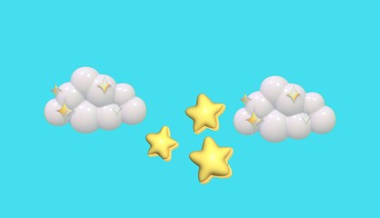 3D Cloud and Star Elements – Dreamy Cartoon Icon Set – on Blue Background Illustration 300 DPI. Soft, whimsical cloud and star vector icons. Perfect for kids decor, bedtime themes, apps, or fairytale 