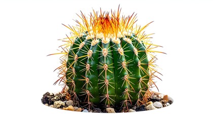 Isolated close-up of a vibrant green round cactus with golden spines, sitting on pebbles