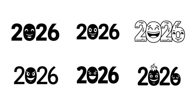 Happy new year 2026 text with smiling face emojis modern creative design, stylish typography for upcoming annual celebrations, vibrant graphical element