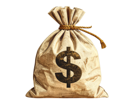 A textured burlap money bag with a large dollar sign symbol tied shut with a rope isolated on transparent background