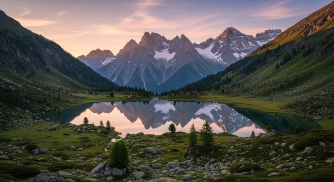 Majestic Mountain Lake Reflection at Sunrise or Sunset in Alpine Valley
