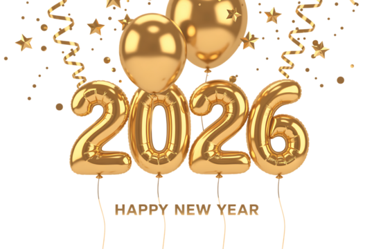 Golden 2026 balloons and confetti celebrate the upcoming new year with a festive atmosphere