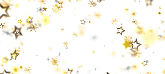 A beautiful abstract background featuring golden stars and snowflakes floating on a white backdrop. Perfect for holiday designs and celebrations