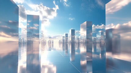 Reflective skyscrapers in a futuristic city reflecting clouds and sky.