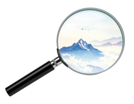 Magnifying glass reveals a detailed watercolor painting of a majestic snow capped mountain landscape isolated on transparent background