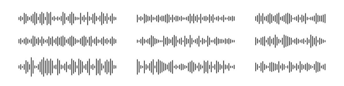 Audio wave form, flat vector illustration of sound waves and frequency symbols