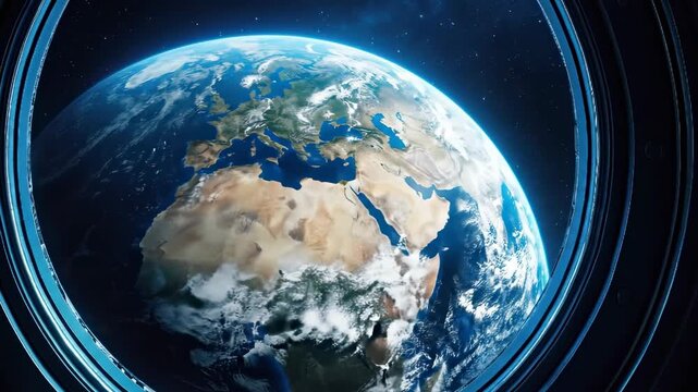 Stunning View of Earth from Space Through a Futuristic Circular Window Illustration