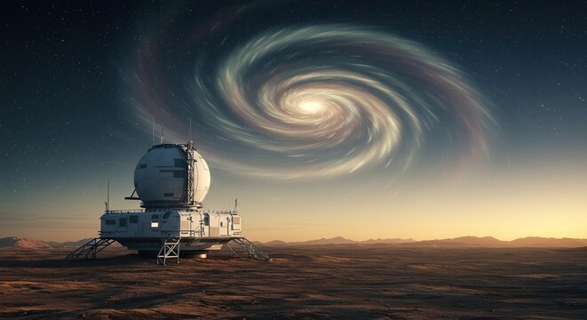 A futuristic research outpost stands alone on a barren, alien planet under a swirling, nebular sky, emphasizing profound solitude ,extreme ,mysterious ,cosmic