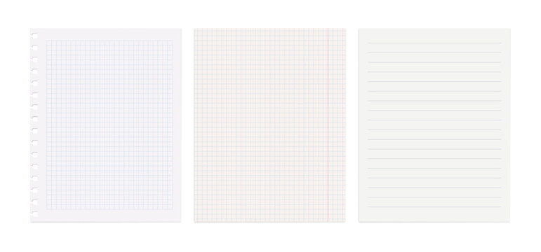 Notebook paper styles, flat vector illustration with grid, lined, blank sheets