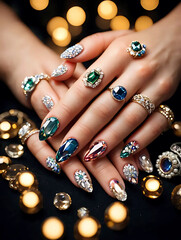 Close-up of female hands with stylish manicure against festive bokeh lights. Detailed nail design, glossy polish and elegant hand pose for beauty category.